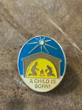 Vintage Nativity Enamel Pin "A Child Is Born" Christmas Lapel Pin